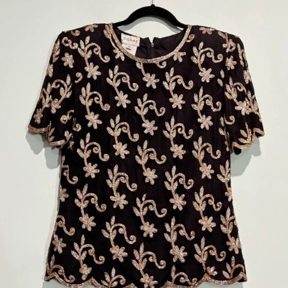 Vintage Beaded Silk Top Gold Black Short Sleeves M